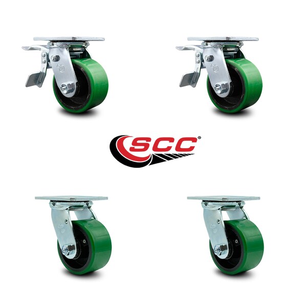 Service Caster 4 Inch Green Poly on Steel Caster Set with Ball Bearing 2 Total Lock Brake SCC SCC-TTL30S420-PUB-GB-2-S-2 - main